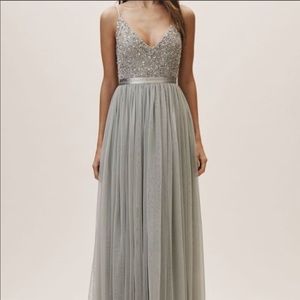 BHLDN Avery Maxie Dress in Fog tulle beaded